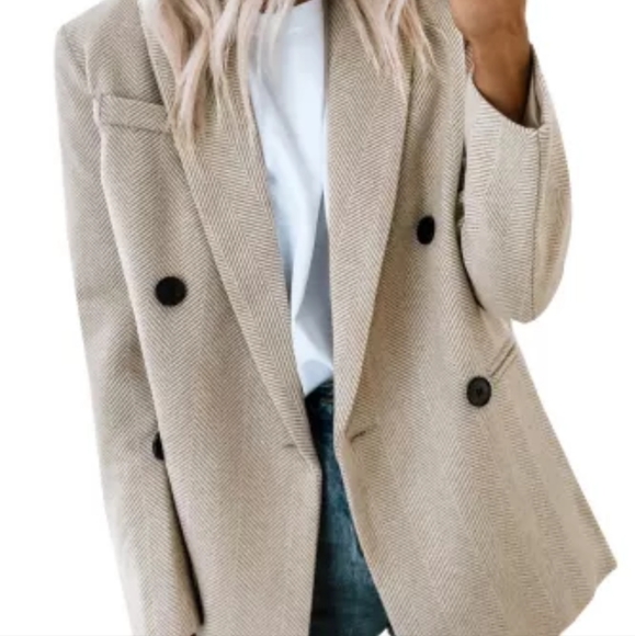 🙂New Chevron Ribbed Double Breasted Lapel Collar Blazer - Picture 6 of 16